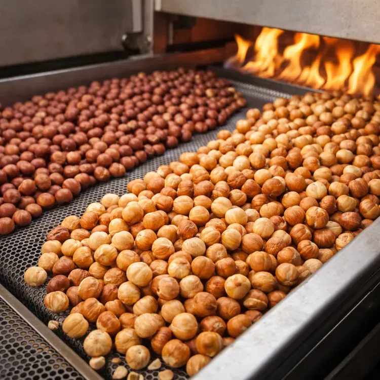 Hazelnut kernels for roasting lines illustration